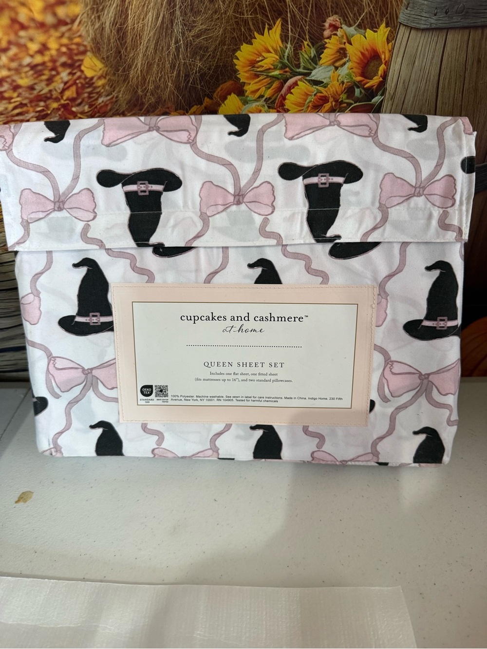 cupcakes & cashmere White Sheet Set with Pink Bows and Black Silhouettes